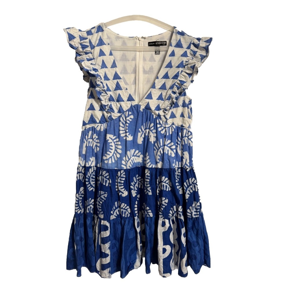 AQUA X Studio 189 Blue White Ruffle Sundress Size Medium Festive Summer V-Neck